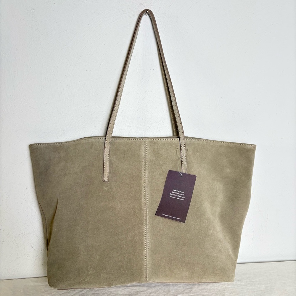 GARNET HILL Suede Leather Tote Made in Italy New w Tags Sand Beige Taupe Cream - Picture 2 of 15